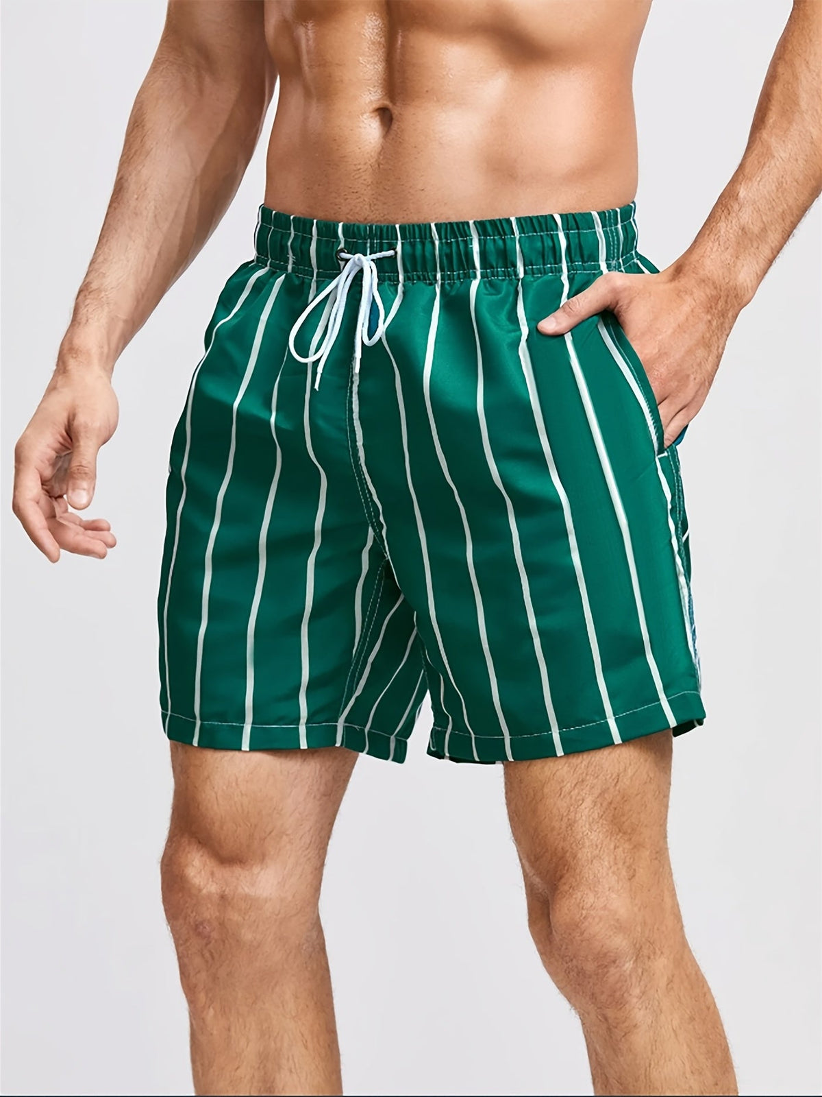 Striped board shorts for men with drawstring waist and 2 pockets