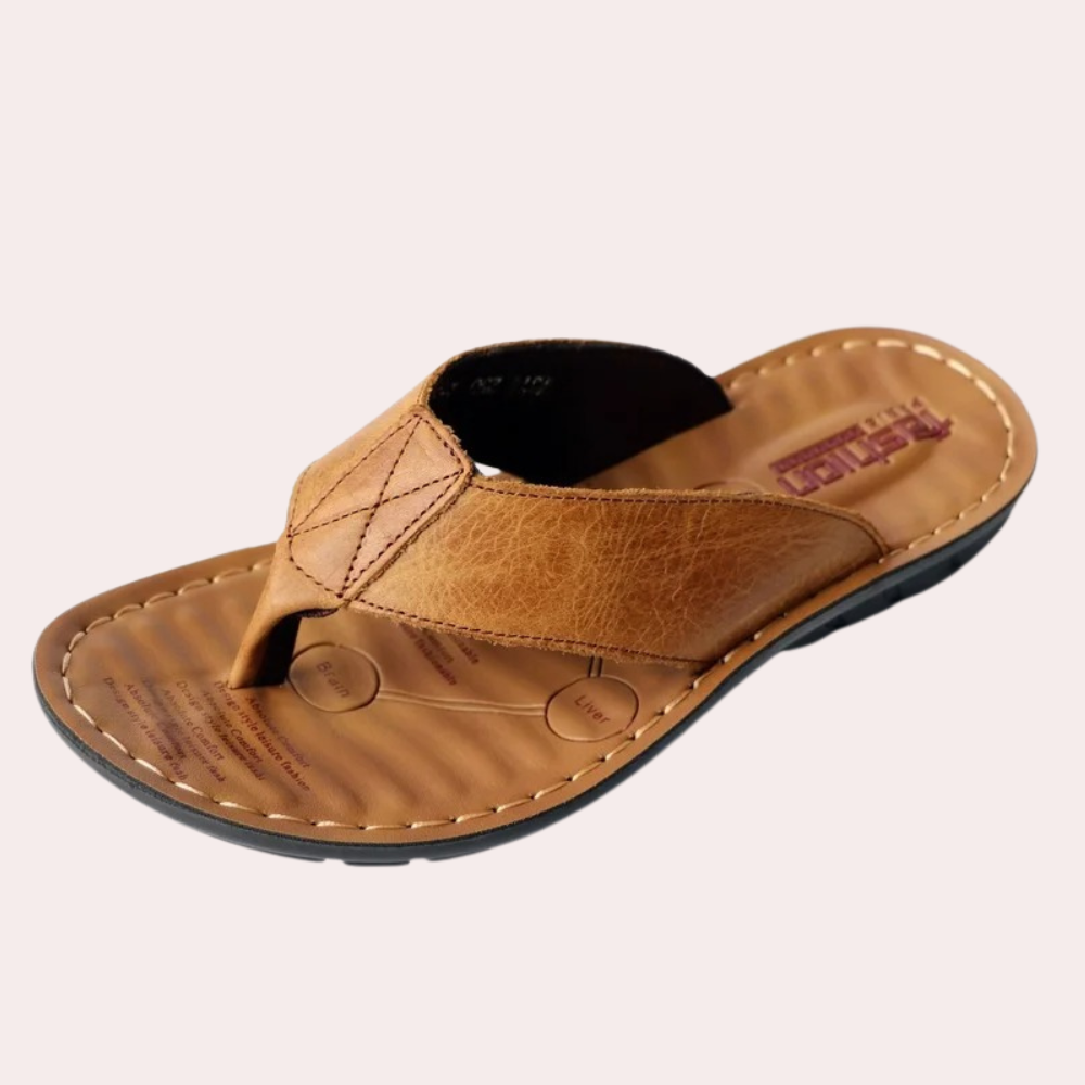 Men sandals with toe post, wide cross strap and contoured footbed