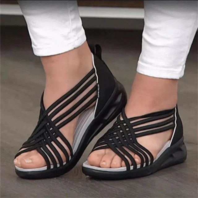 Women sandals with open toe, criss cross straps and wedge sole