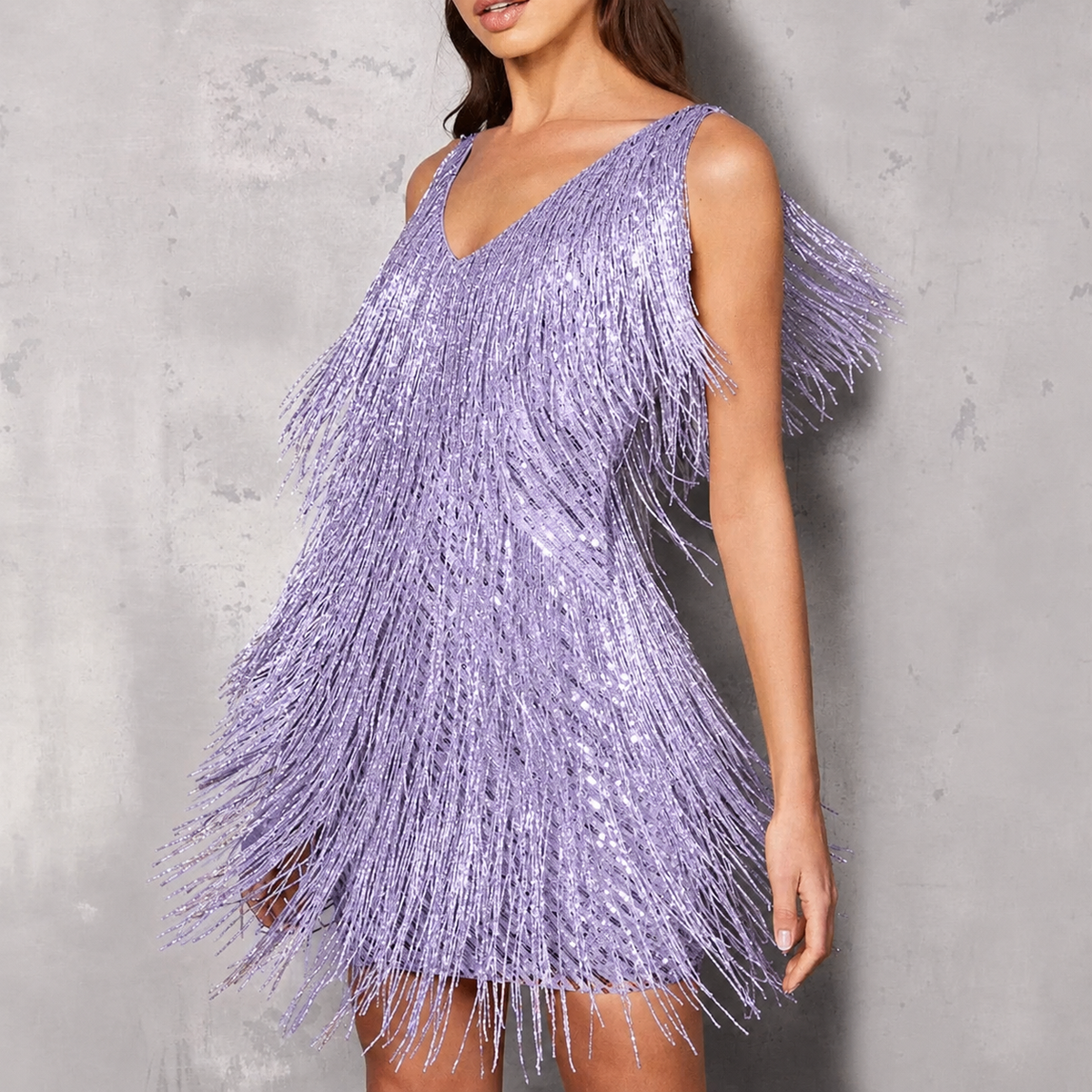 Cocktail dresses with sequin fringe and V-neck for women