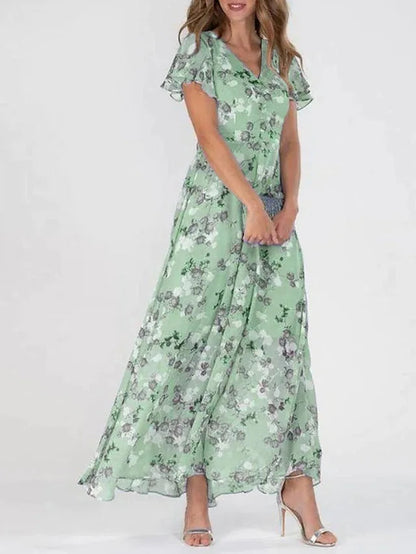 Floral summer dresses for women with V-neck and flutter sleeves