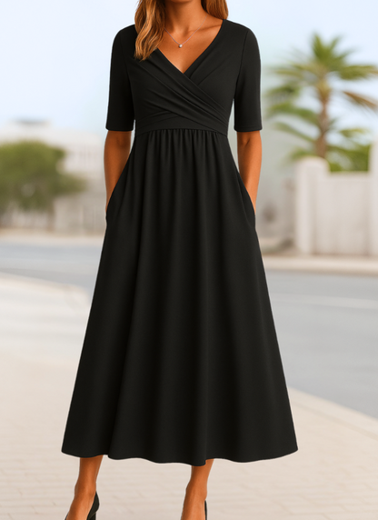 Wrap front midi dress for women with V-neck, gathered high waist and pockets