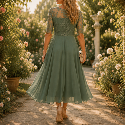 Wedding guest dress for women with lace bodice and 3/4 sleeves
