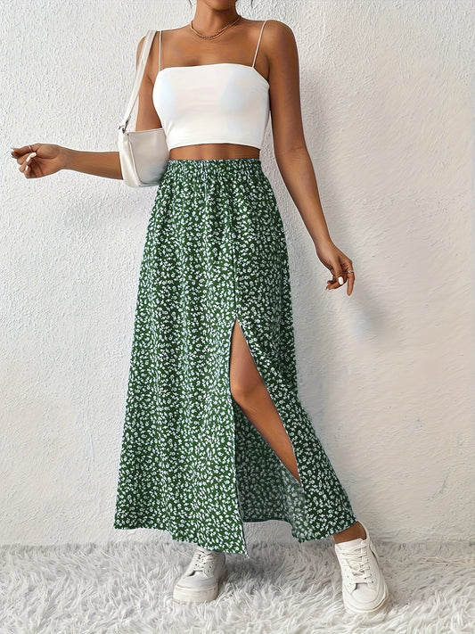 High waist floral maxi skirt with side split for women
