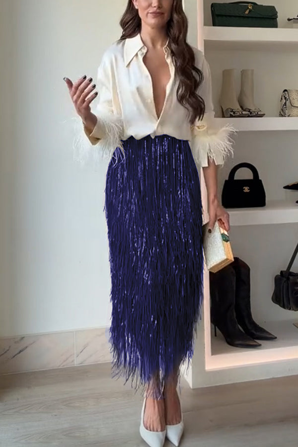 High waist layered sequin fringe midi skirt for women