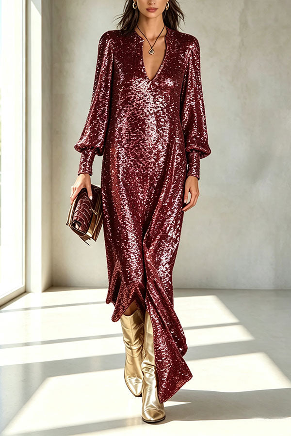 Sequin cocktail dresses for women with V-neck and balloon sleeves