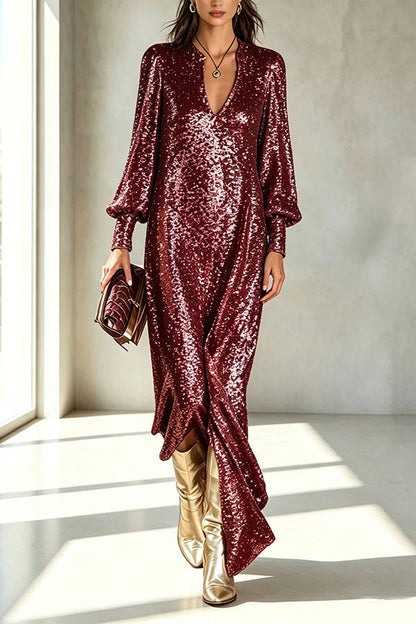 Sequin cocktail dresses for women with V-neck and balloon sleeves