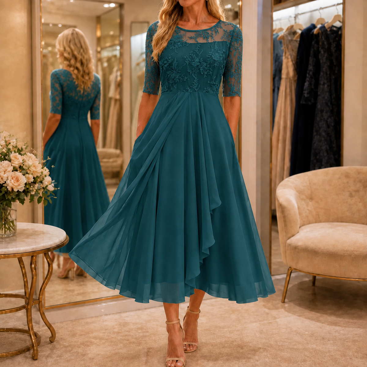 Wedding guest dress for women with lace bodice and 3/4 sleeves