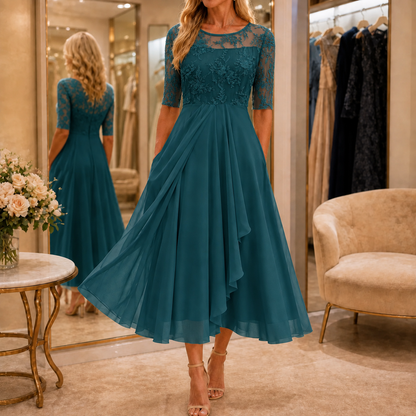 Wedding guest dress for women with lace bodice and 3/4 sleeves