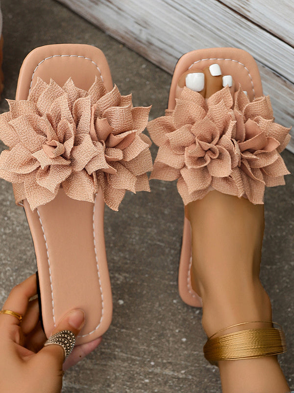 Women sandals with flower detail, open toe flat slides
