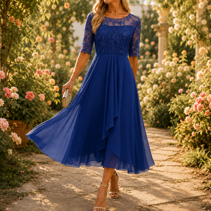 Wedding guest dress for women with lace bodice and 3/4 sleeves