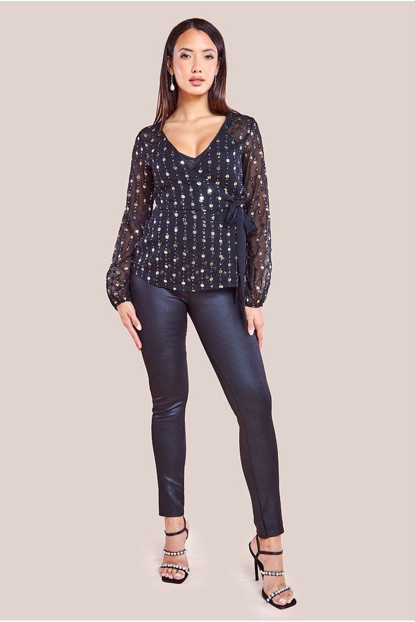 Wrap front sequin blouse for women with long sleeves and tie waist