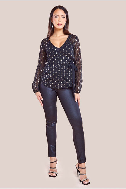 Wrap front sequin blouse for women with long sleeves and tie waist