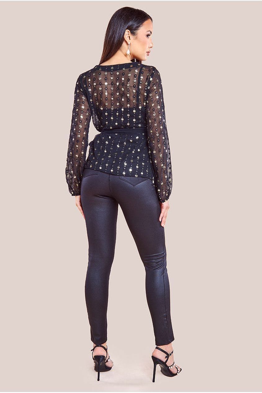 Wrap front sequin blouse for women with long sleeves and tie waist