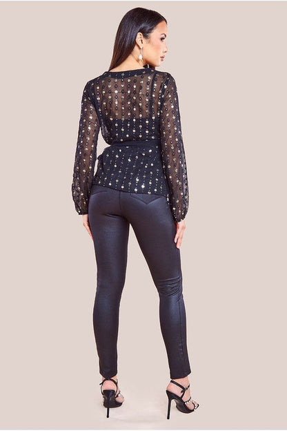 Wrap front sequin blouse for women with long sleeves and tie waist