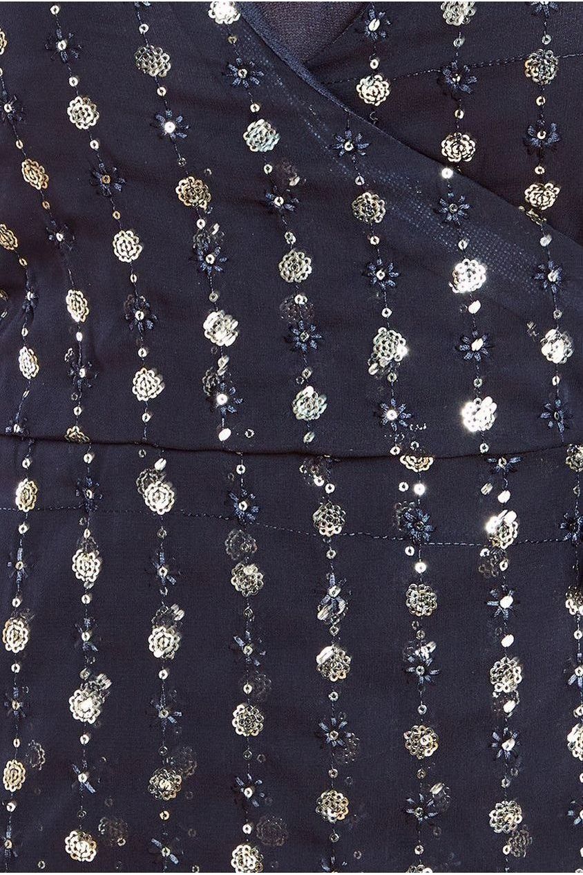 Wrap front sequin blouse for women with long sleeves and tie waist