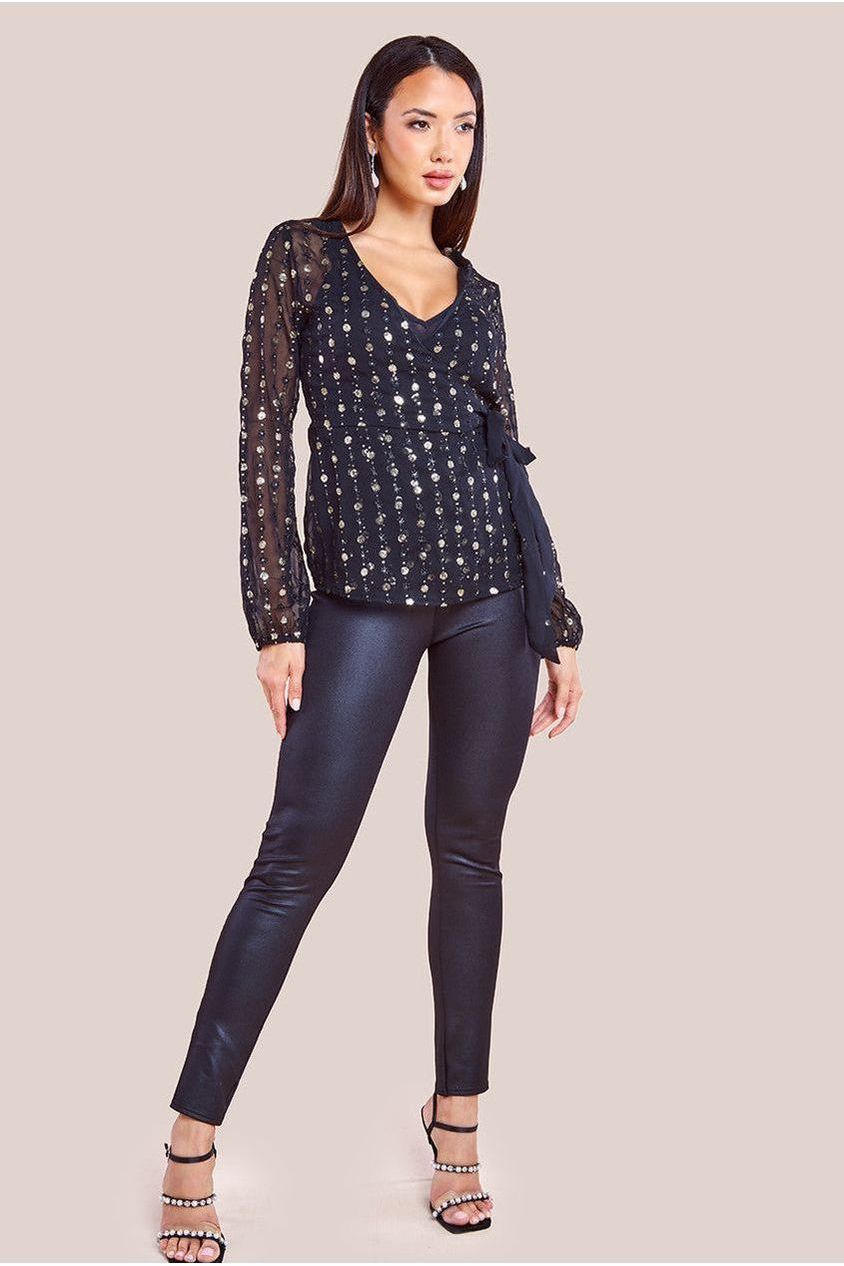 Wrap front sequin blouse for women with long sleeves and tie waist