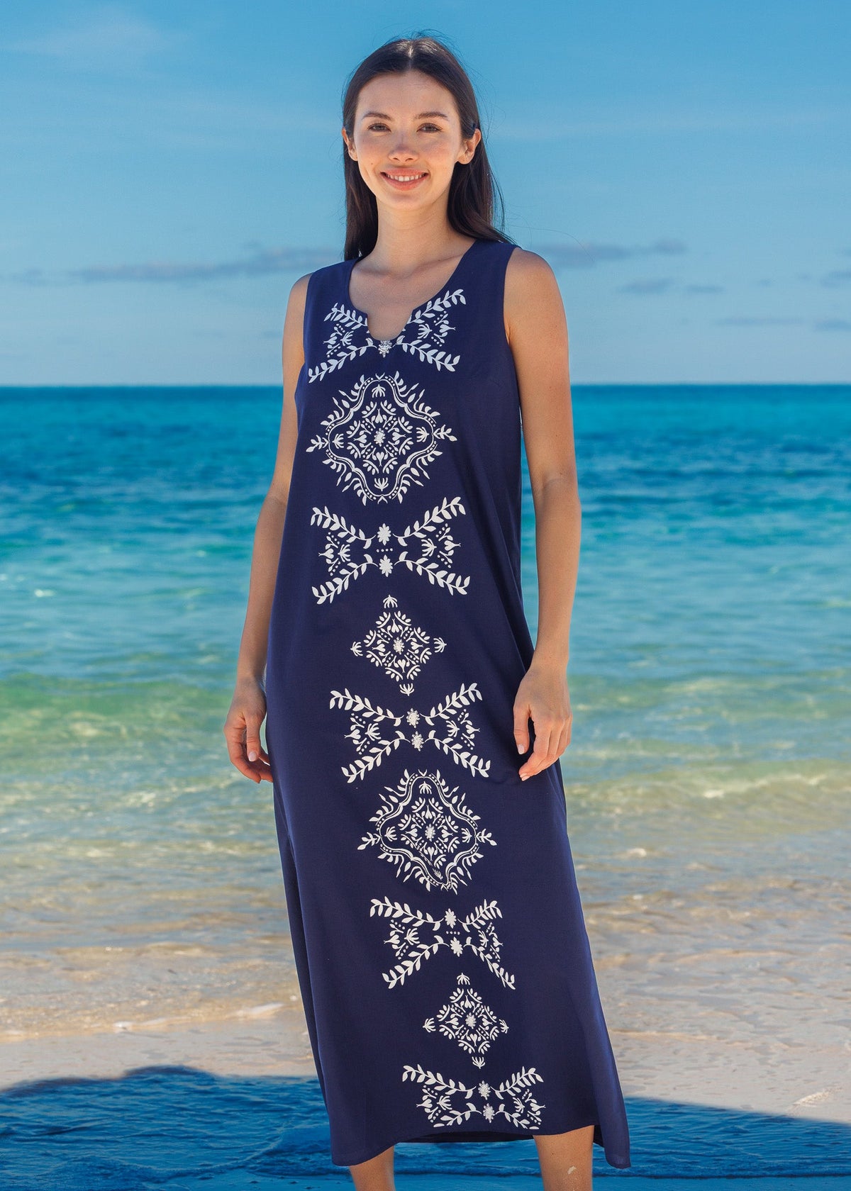 Embroidered maxi dresses for women with side slit and notch neckline