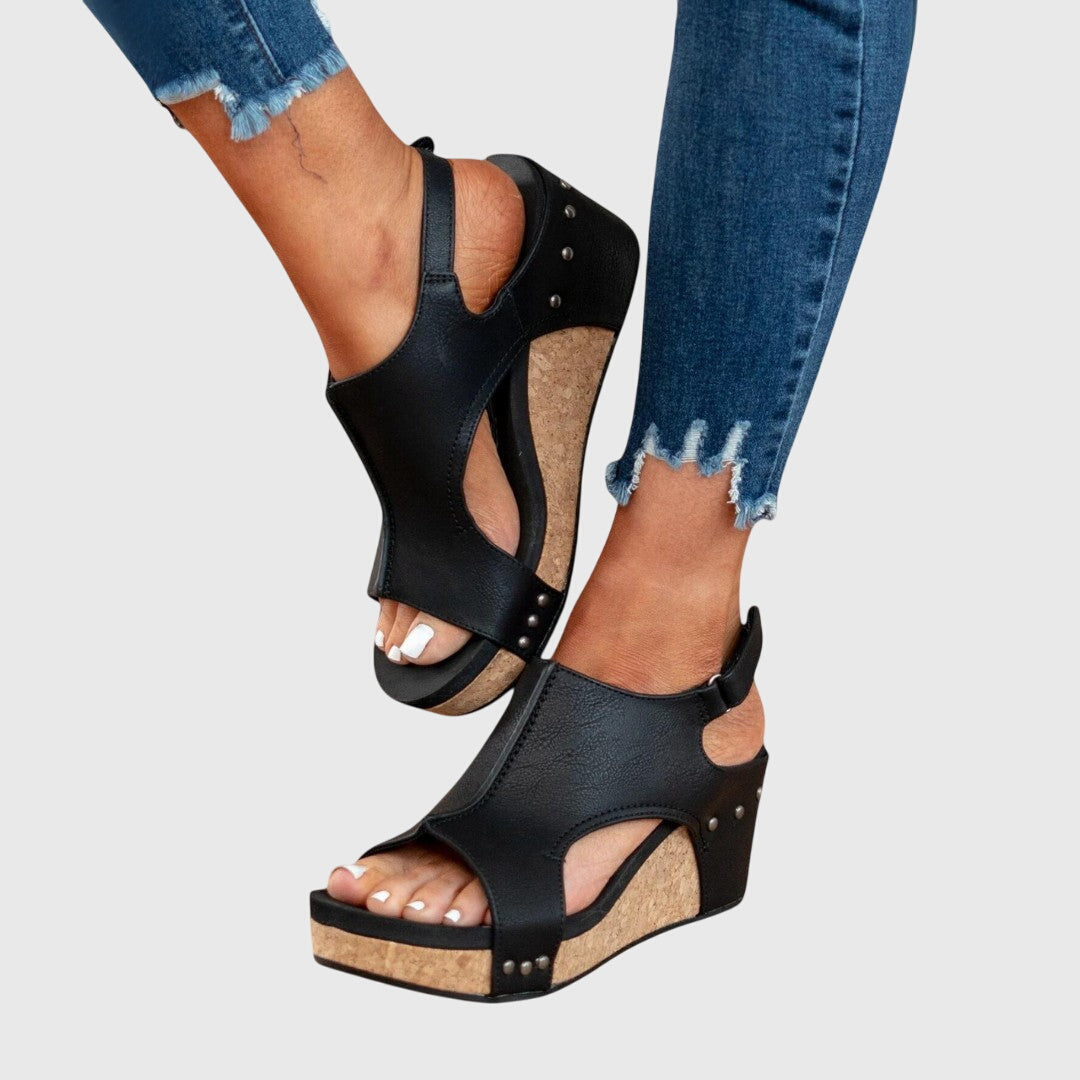 Women sandals with cork wedge heel and adjustable slingback strap