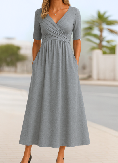 Wrap front midi dress for women with V-neck, gathered high waist and pockets