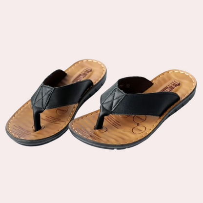 Men sandals with toe post, wide cross strap and contoured footbed
