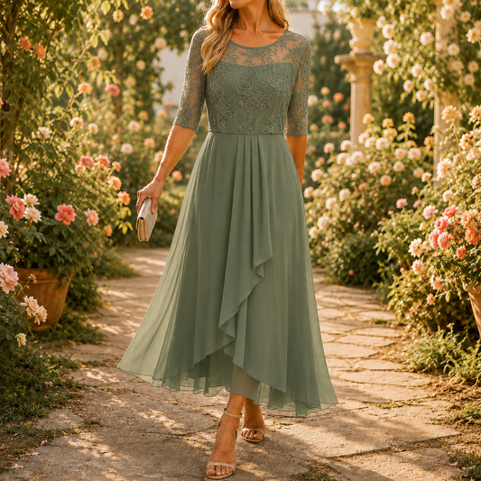 Wedding guest dress for women with lace bodice and 3/4 sleeves