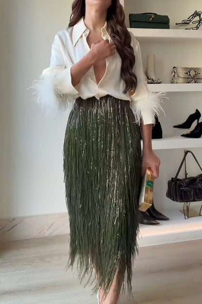 High waist layered sequin fringe midi skirt for women