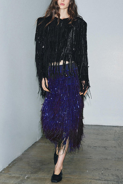 High waist layered sequin fringe midi skirt for women