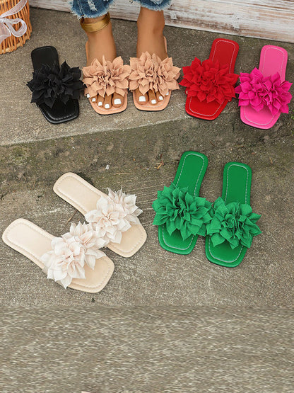 Women sandals with flower detail, open toe flat slides
