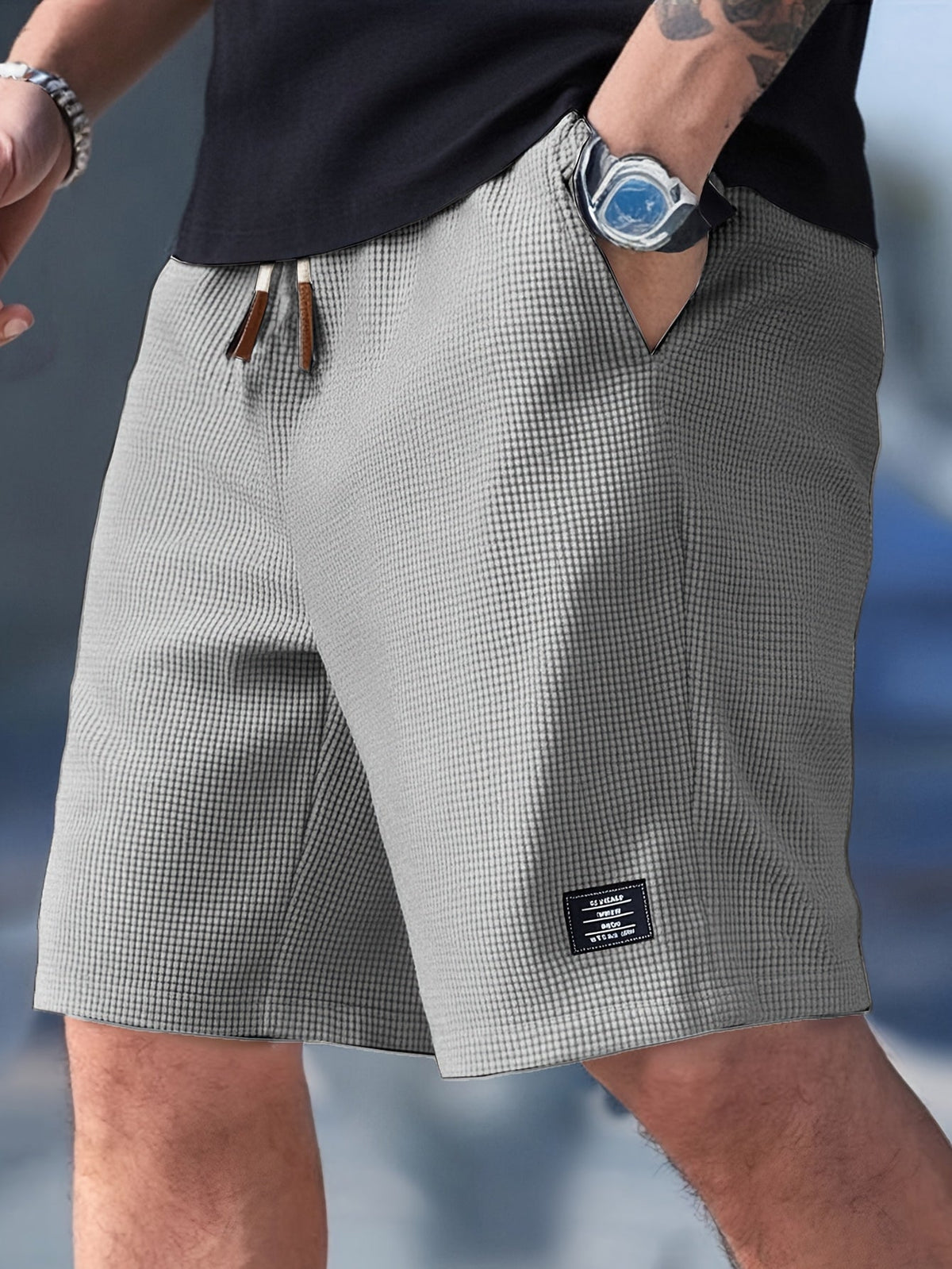 Mens shorts with drawstring waist and waffle texture