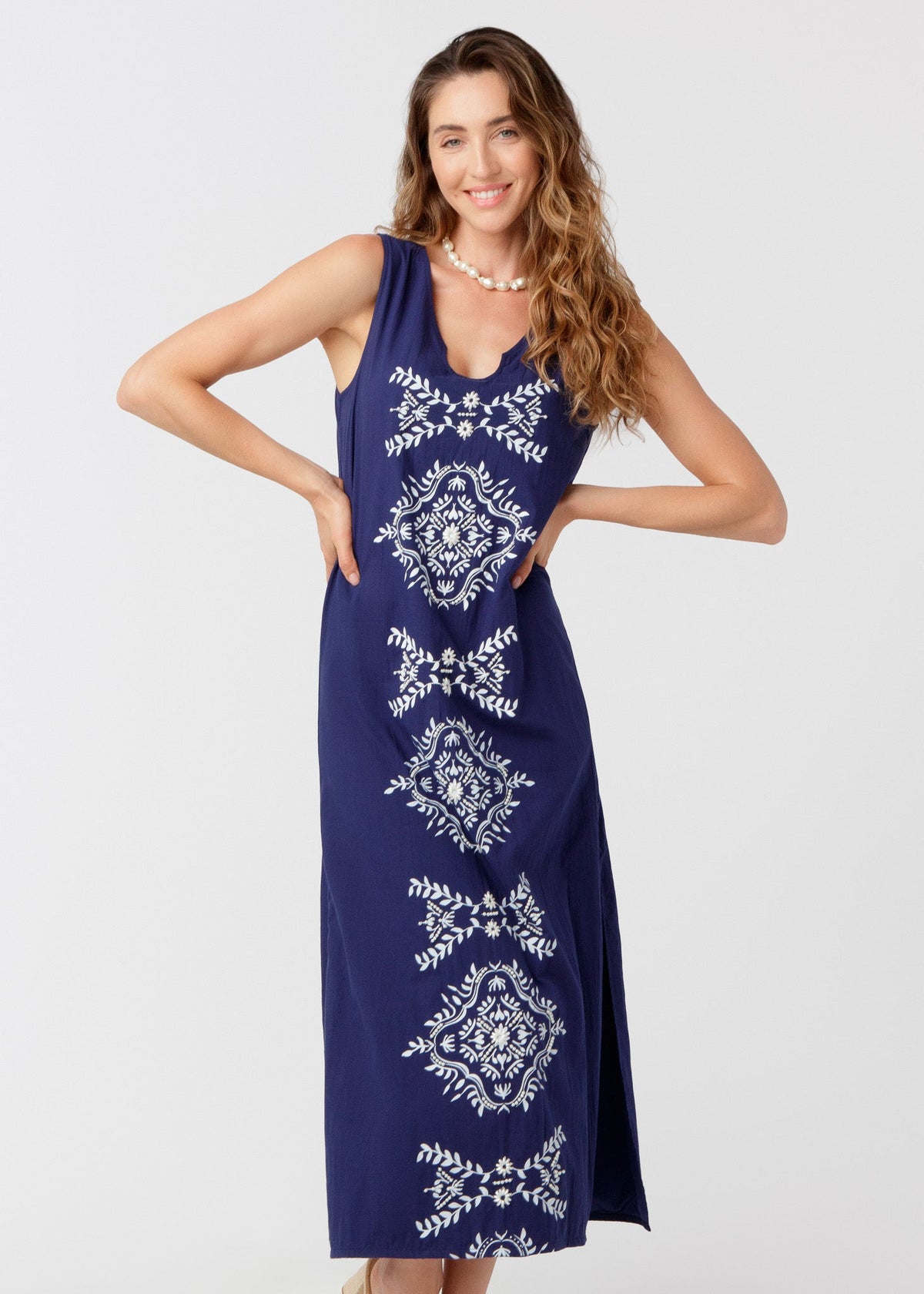 Embroidered maxi dresses for women with side slit and notch neckline