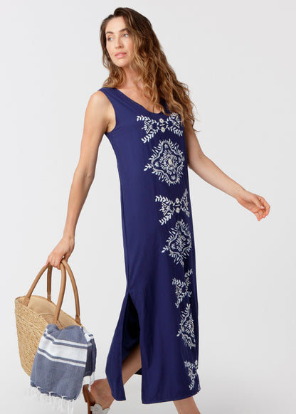 Embroidered maxi dresses for women with side slit and notch neckline