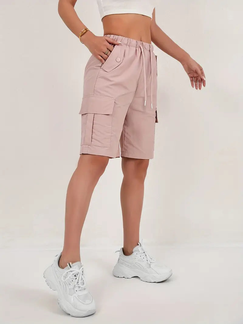 Womens shorts with cargo pockets, drawstring and elastic waist