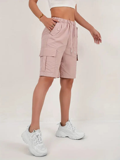 Womens shorts with cargo pockets, drawstring and elastic waist