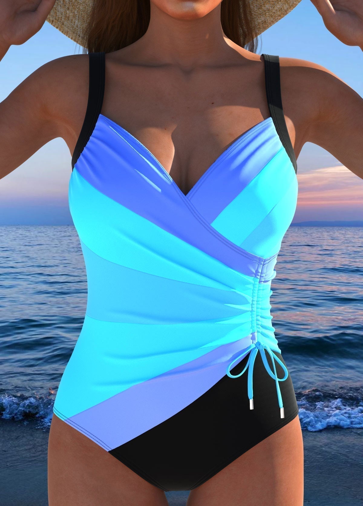 Wrap front one piece swimwear with side drawstring for women