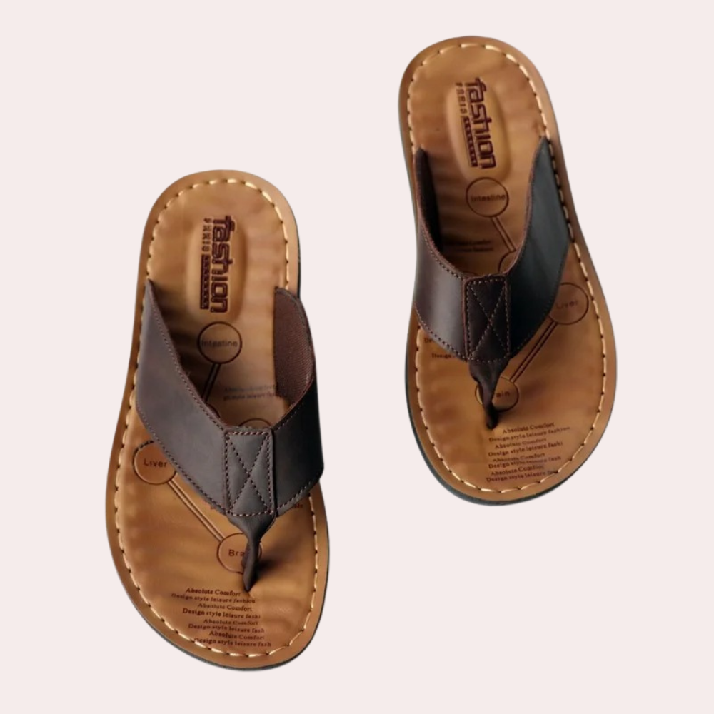 Men sandals with toe post, wide cross strap and contoured footbed