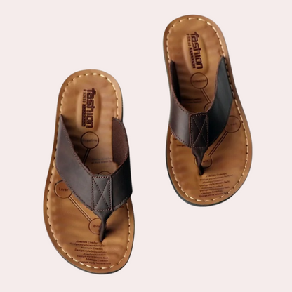 Men sandals with toe post, wide cross strap and contoured footbed