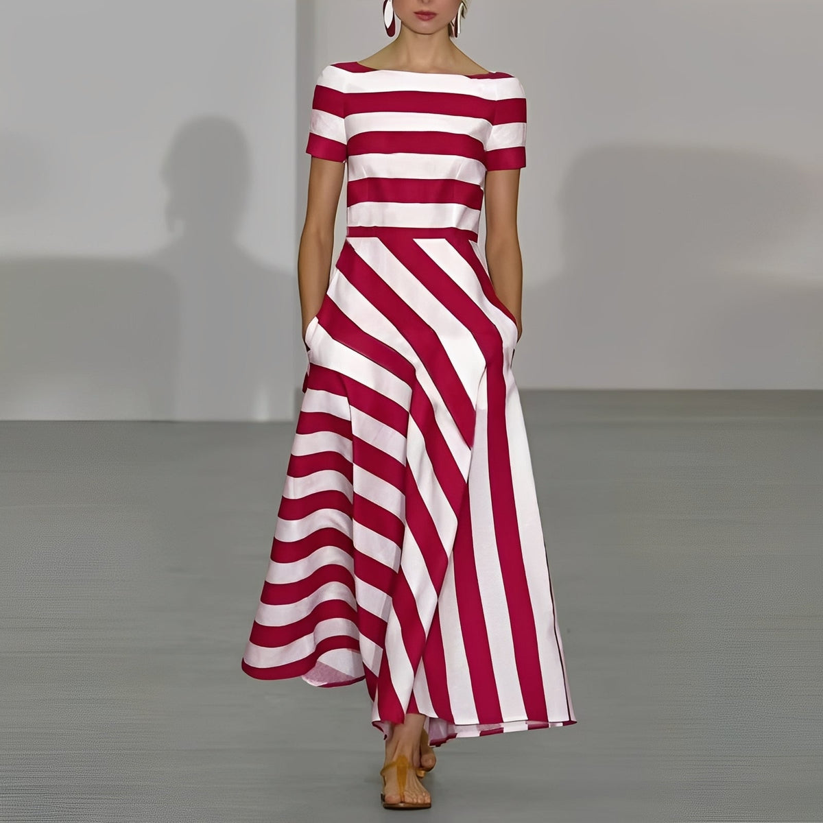 Short sleeve maxi dresses for women with striped pattern and pockets