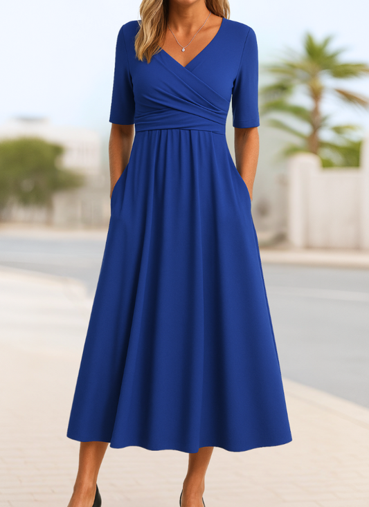 Wrap front midi dress for women with V-neck, gathered high waist and pockets