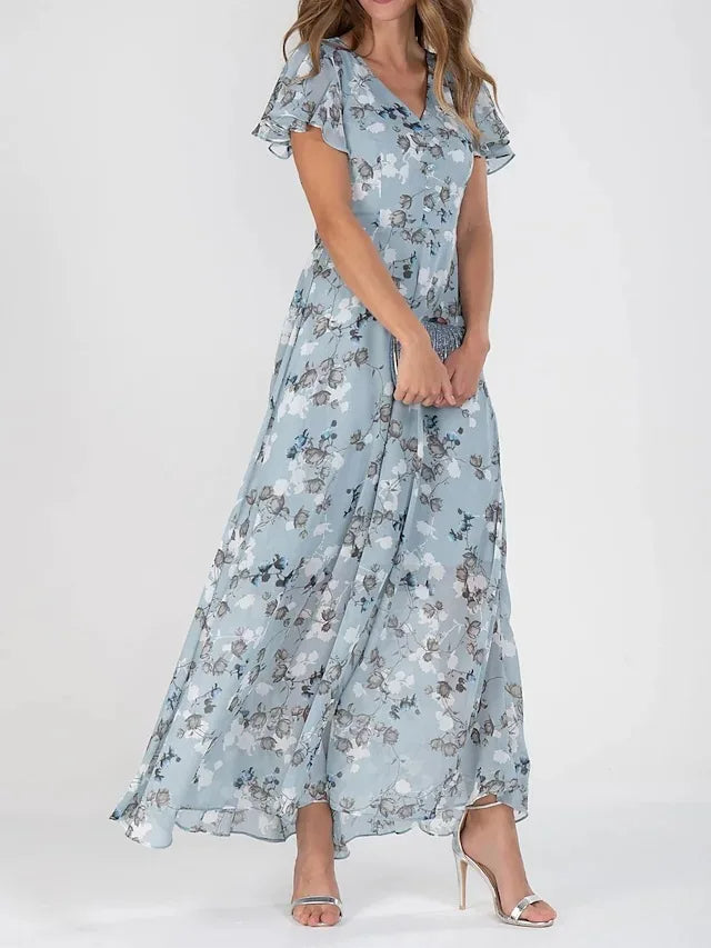 Floral summer dresses for women with V-neck and flutter sleeves