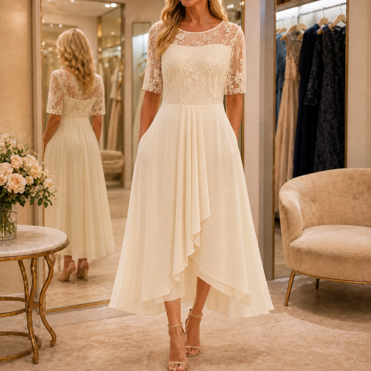Wedding guest dress for women with lace bodice and 3/4 sleeves