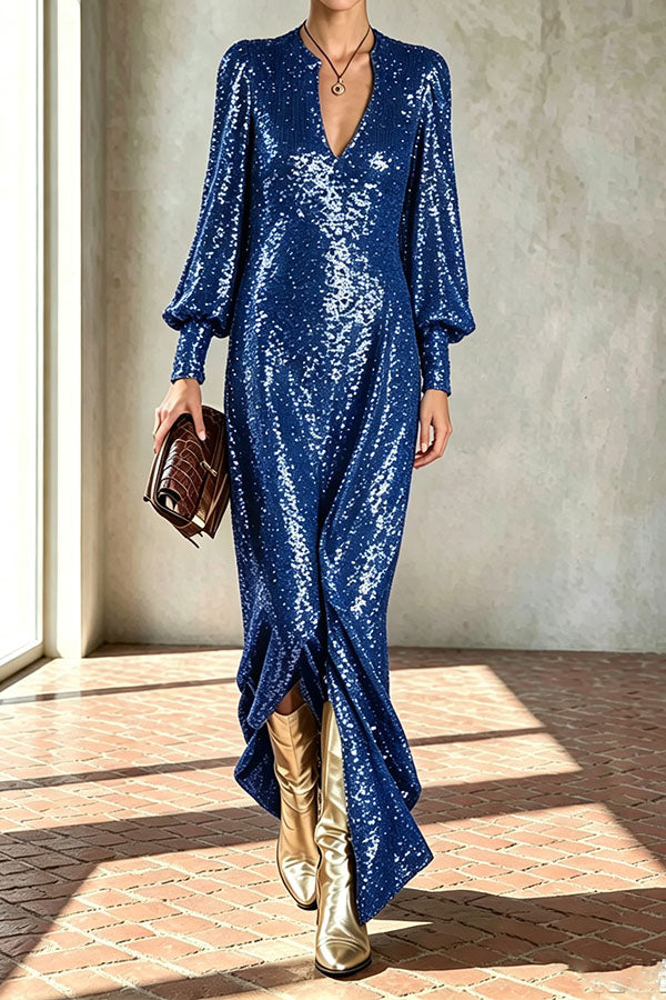 Sequin cocktail dresses for women with V-neck and balloon sleeves