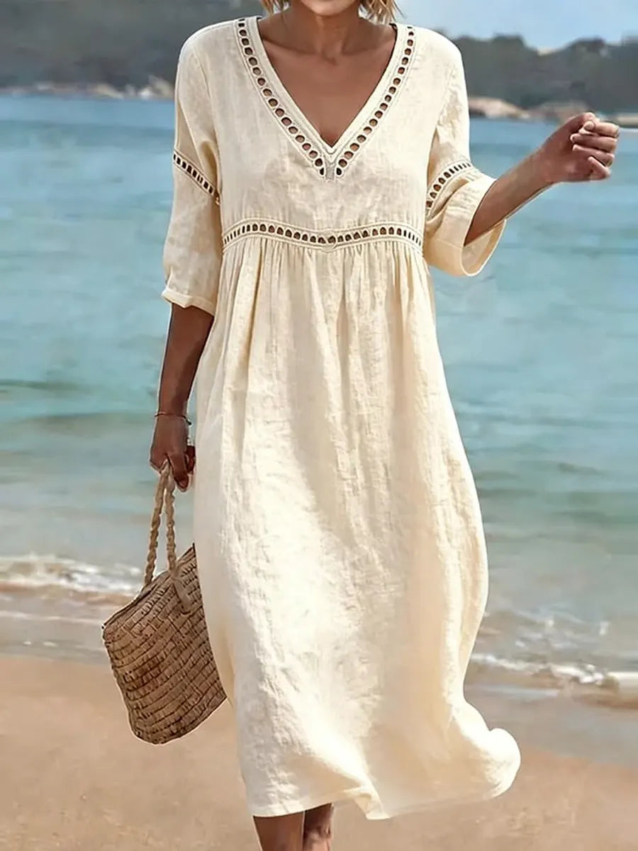 Summer dresses for women, v-neck midi dress with cut-out trim
