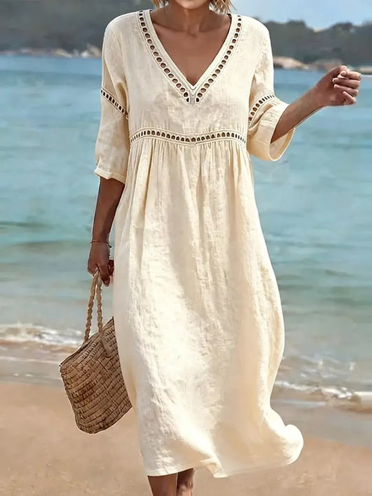 Summer dresses for women, v-neck midi dress with cut-out trim