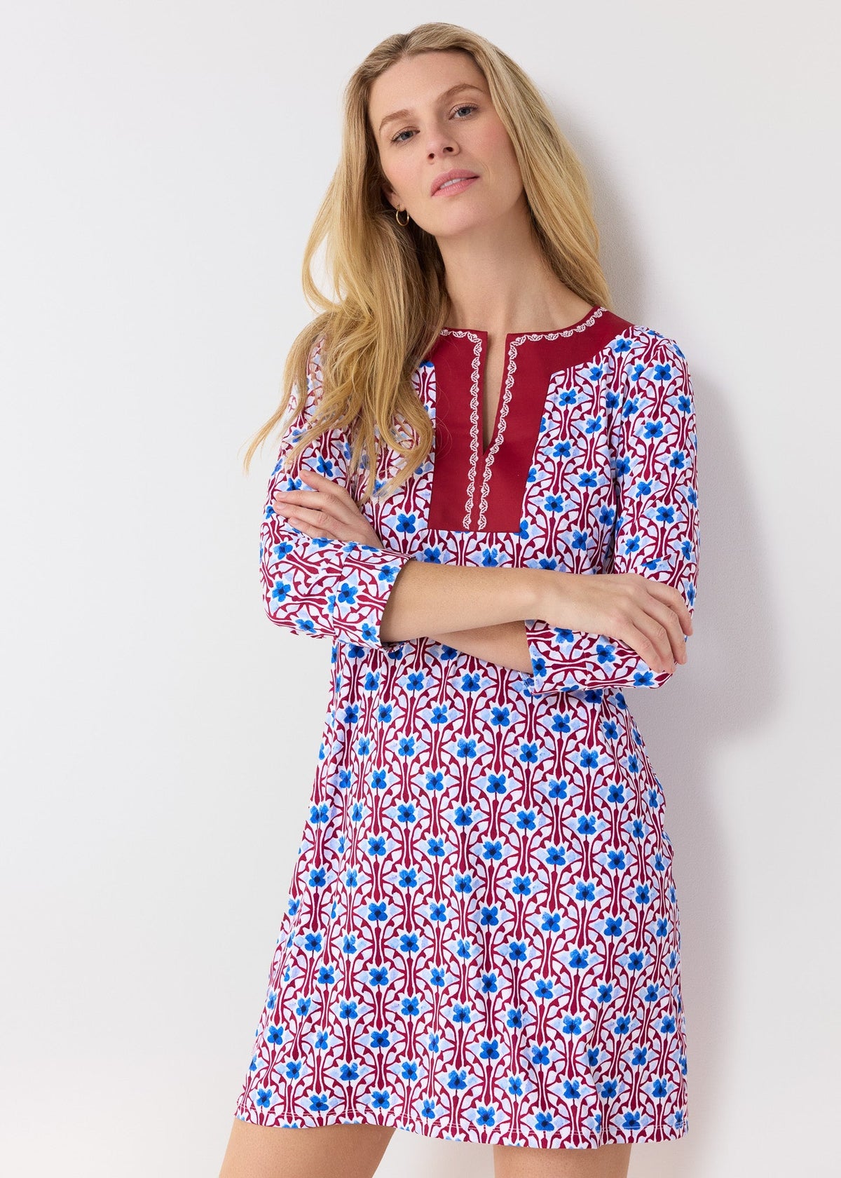 Summer dresses for women, 3/4 sleeve tunic dress with V-neck