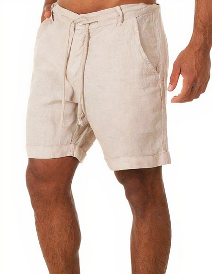 Mens shorts with drawstring waist, side pockets and rolled hems