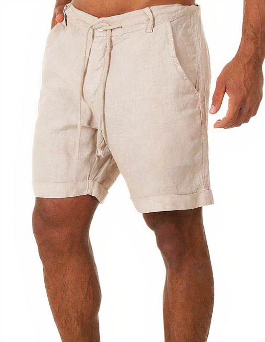 Mens shorts with drawstring waist, side pockets and rolled hems