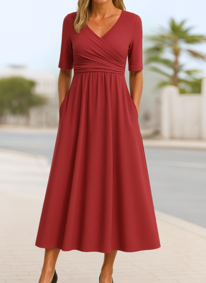 Wrap front midi dress for women with V-neck, gathered high waist and pockets