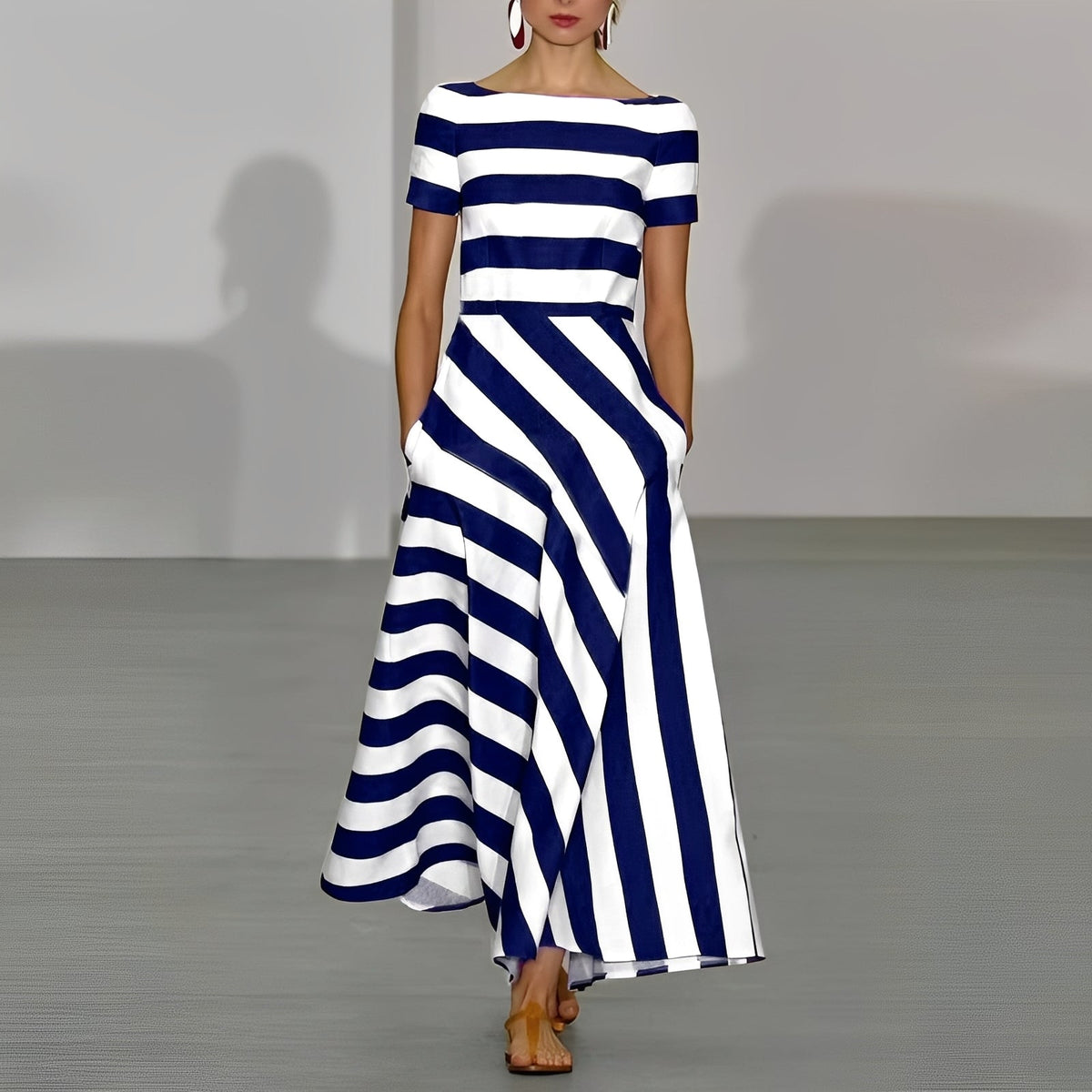 Short sleeve maxi dresses for women with striped pattern and pockets