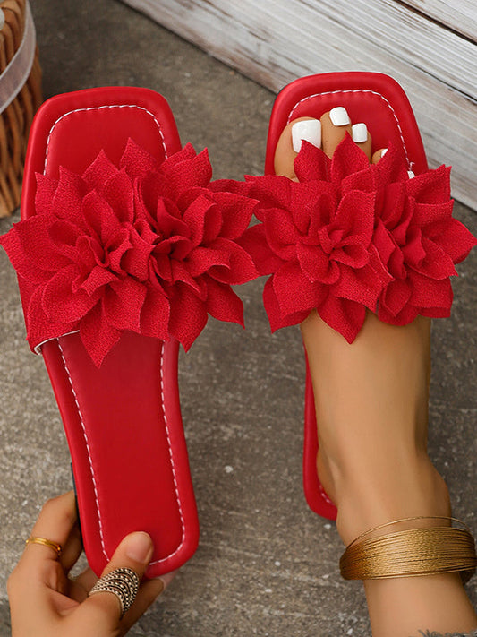 Women sandals with flower detail, open toe flat slides